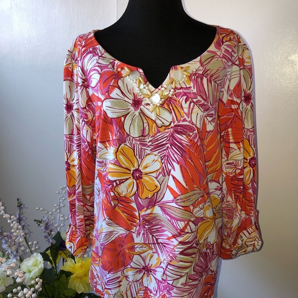Ruby Rd. Tops - Ruby Rd. Floral Top W/ Beaded Neckline- XL